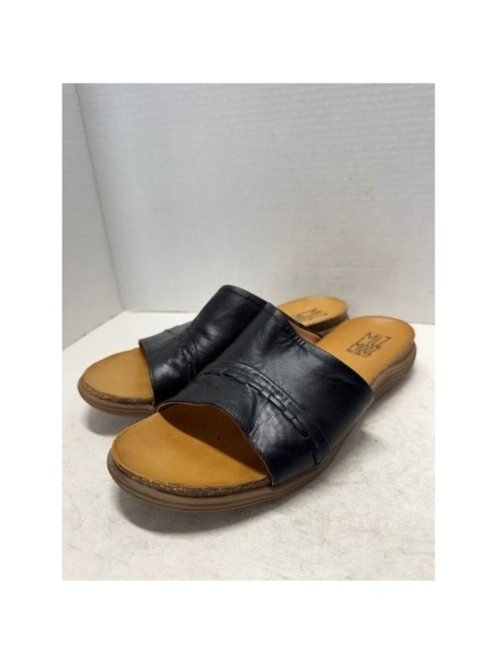 Miz Mooz Mae Black Leather Whipstitch Slide Sandals Portugal Size 39 8.5